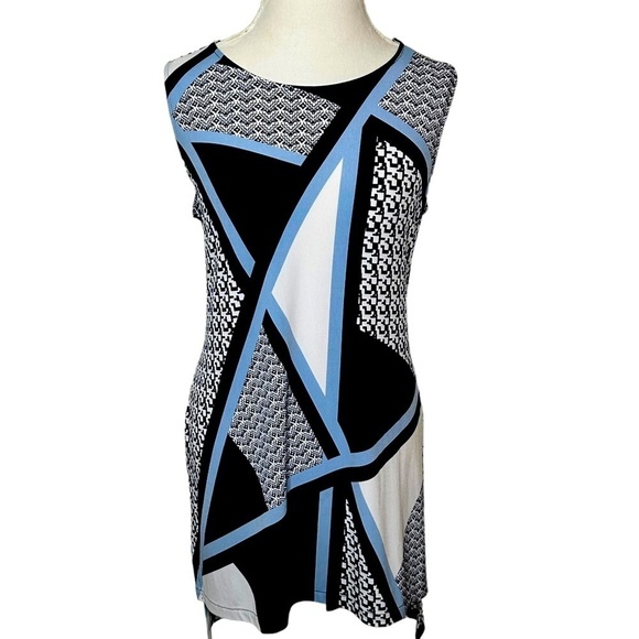 MACY’S ALFANI Tunic blouse High low Side slits Black White Blue Size Large - Picture 9 of 9
